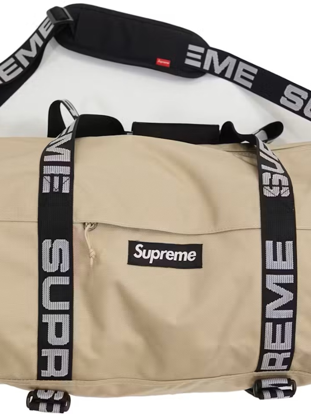 Supreme Beige Duffel Bag with Black Logo Webbing